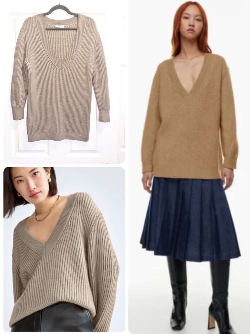 Aritzia Babaton Roger Long V-Neck Merino Wool Tan Sweater Oversized Size XS